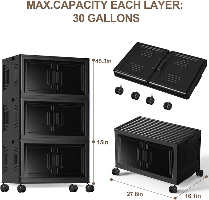 90GAL Stackable Storage Bins with Wheels and Lids, Collapsible Closet Organizers and Storage, Home Organization and Storage Cabinet, Plastic Clothes Storage Box Shelf, Black