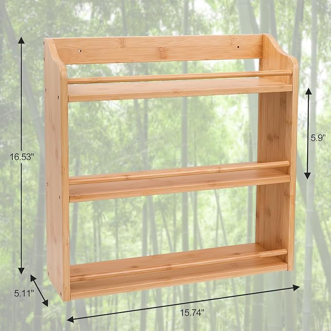 Bamboo Spice Rack Organizer, 3 Tier Spice Jars Shelf for Kitchen Countertop or Wall Mounting-NeatNest