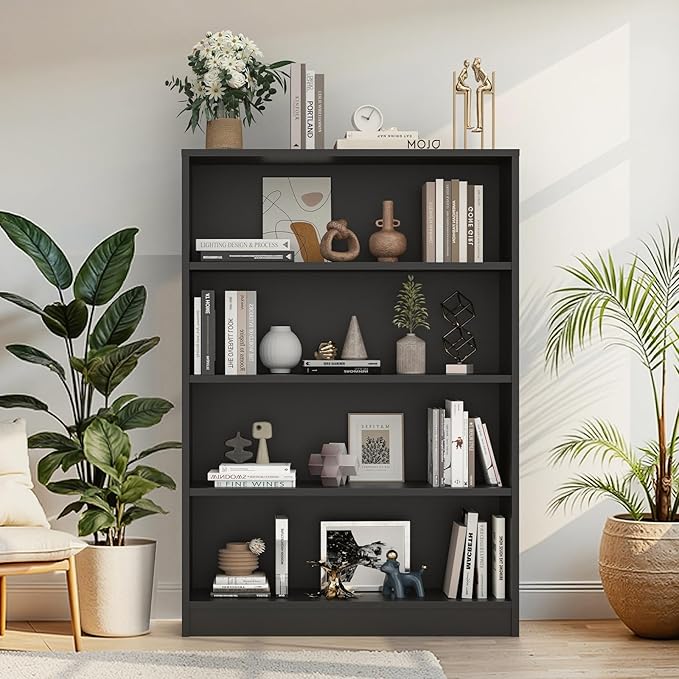 Farini 48 Inch Tall 4-Shelf Bookcase, Wood Bookshelf Storage Organizer Adjustable Shelf for Home Office, Study Room, Easy Assembly,Black