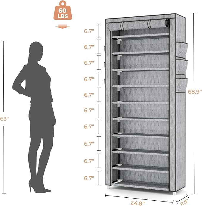 VTRIN Vertical Narrow Shoe Rack Organizer Tall Shoe Rack for Closet Entryway 10 Tier Non-Woven Cover Shoe Shelf Holds 36-41 Pairs Free Standing Shoe Storage Cabinet with Dustproof Cover, Multi Color-NeatNest
