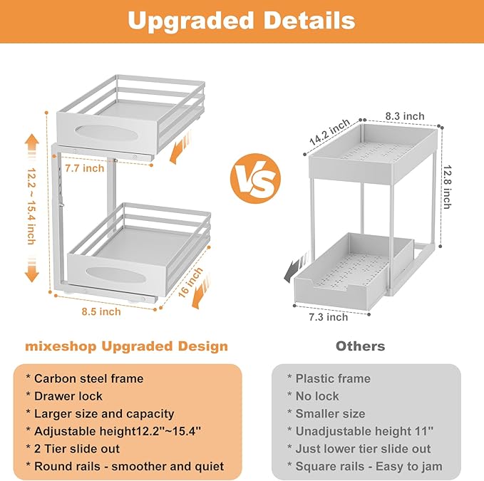 Under Sink Organizer, 2 Tier Under Sink Organizers and Storage, Adjustable Height, Slide out Metal Cabinet Organizers, Pull out Cabinet Storage Drawer Shelf for Kitchen Bathroom White, 2 Pack-NeatNest