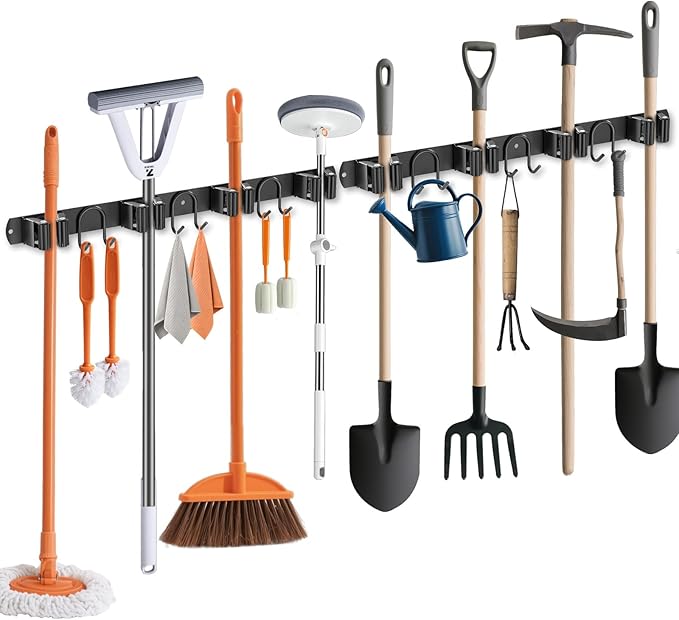 Broom Holder Wall Mount, 2 Packs Black Stainless Steel Tool Storage Organizer for Kitchen Garden Garage Laundry Room Bathroom and RV with 4 Slots 6 Hooks-NeatNest