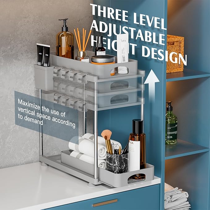 2 Pack Adjustable Gray Under Sink Organizers, 2 Tier Pull Out Storage, Kitchen Bathroom Office Laundry Room Living Room-NeatNest