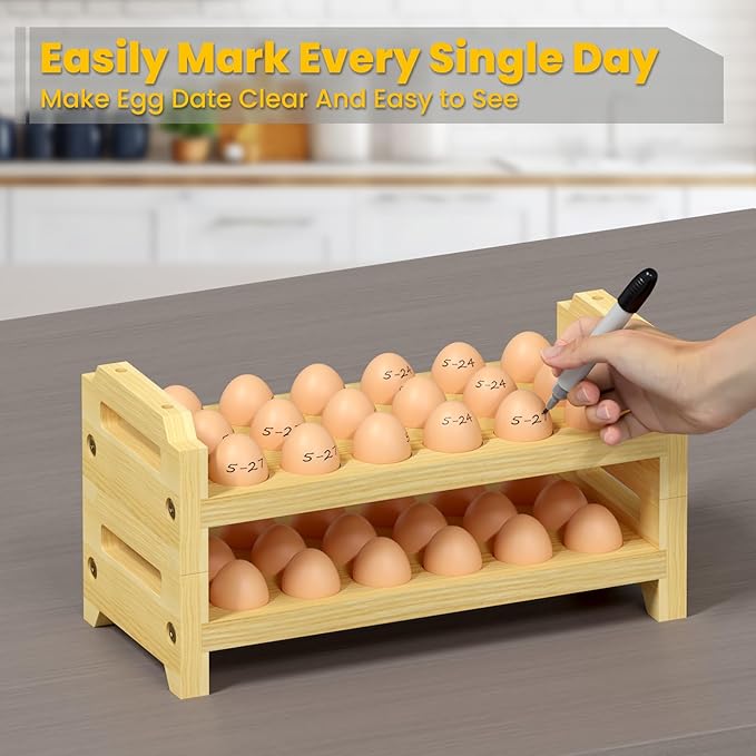 Egg Holder Countertop, 2 Tier Stackable Wooden Egg Holder for 36 Eggs, Egg Stand with Handle for Kitchen Organizer, Fits Quail, Duck, Turkey, Chicken Eggs