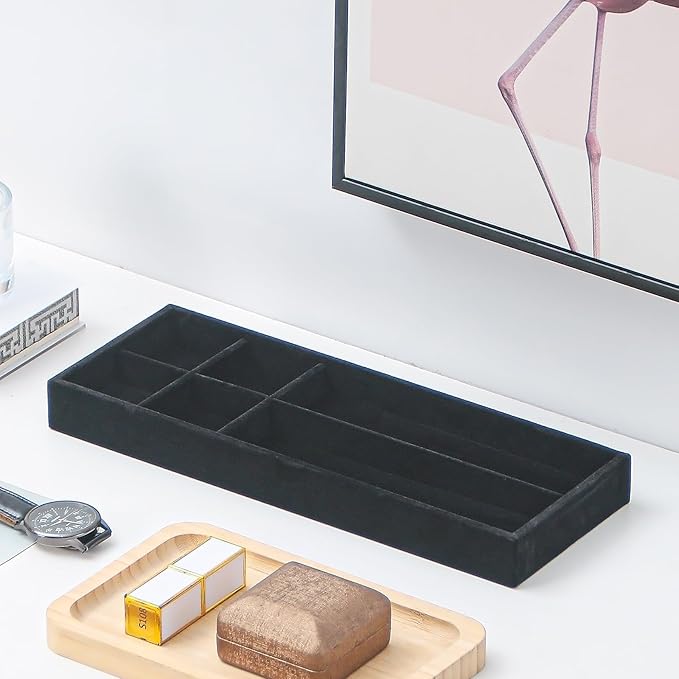 Divided Drawer Organizer Tray, Velvet Jewelry Storage Tray, Necklace Bracelet Ring Earring Display Tray,Bedside Nightstand Desk Holder Tray for Phone Watch Sunglasses Cosmetics Storage/Black/6grid-NeatNest