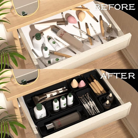 CHANCETSUI 6 PCS Stackable Drawer Organizers Set, Versatile Desk and Vanity Drawer Organizer Trays, Storage Bins for Makeup, Bathroom, Bedroom, Kitchen and Office, Black-NeatNest