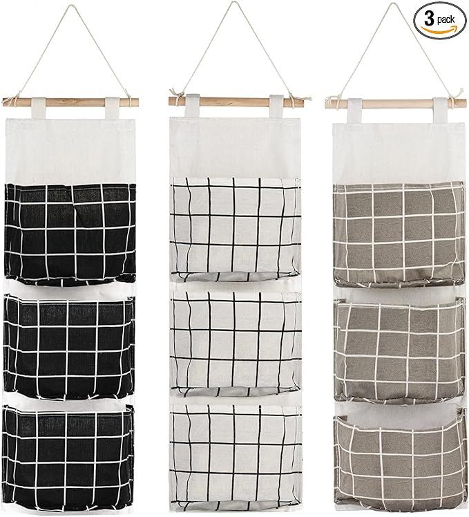 AUHOKY 3Pcs Wall Closet Hanging Storage Bag, Premium Linen Fabric Over The Door Organizer, Hanging Storage Pouches with 3 Pockets for Bedroom Bathroom - Waterproof & Stylish (Black/Gray/White)-NeatNest