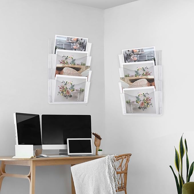 EASEPRES 8 Pack Clear Single Pocket Hanging File Organizer, Plastic Wall Mount Paper Mails Magazines Holder, Mounted Folder Bins for Office, School and Home, 13.85x3.14x6.88 inches