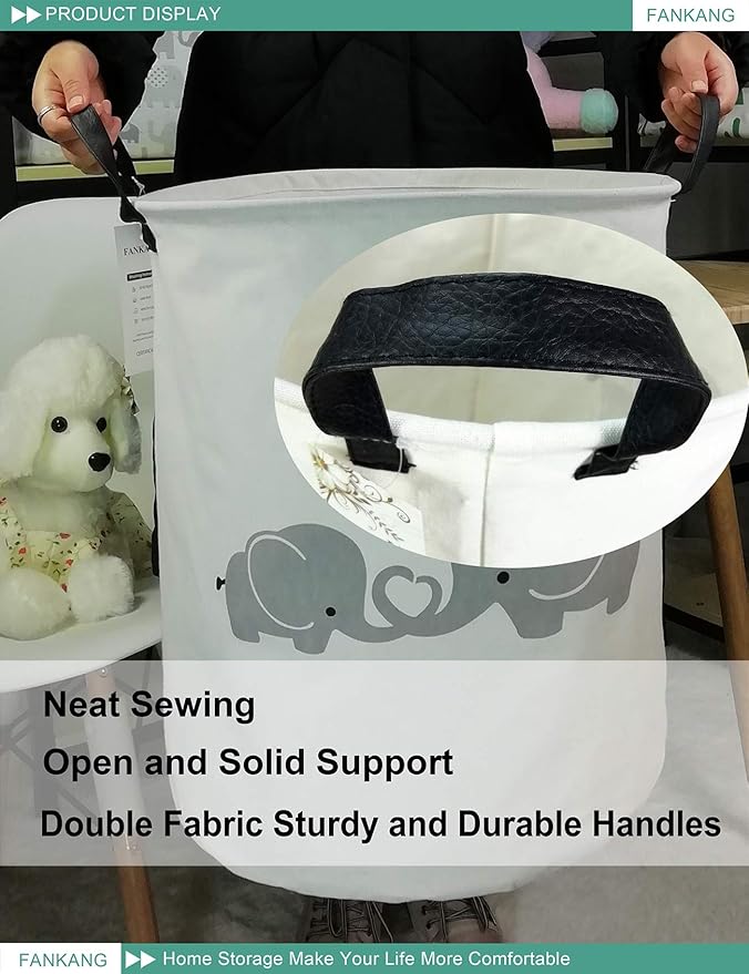 FANKANG Storage Basket, Nursery Hamper Canvas Laundry Basket Foldable with Waterproof PE Coating Large Storage Baskets for Kids Boys and Girls, Office, Bedroom, Clothes,Toys(Love Elephant)