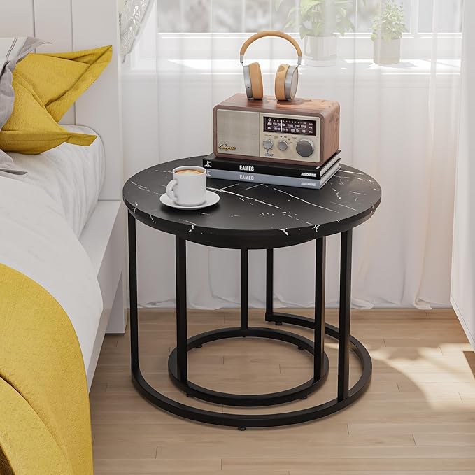 Smuxee Black Nesting Coffee Table Set of 2, 23.6" Round Coffee Table Wood Grain Top with Adjustable Non-Slip Feet, Industrial End Table Side Tables for Living Room Bedroom Balcony Yard