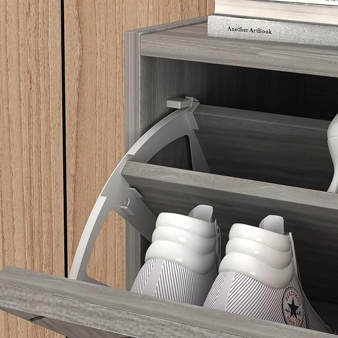 Homsee Modern Shoe Storage Cabinet with 2 Flip Drawers & Twill Louver Doors, Wood 2-Tier Shoe Rack Storage Organizer for Entryway, Hallway & Bedroom, Grey (22.4”L x 9.4”W x 29.5”H)-NeatNest