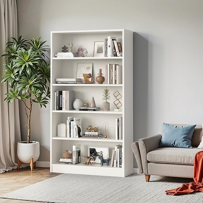 Farini 60 Inch Tall 5-Shelf Bookcase, Wood Bookshelf Storage Organizer Adjustable Shelf for Home Office, Study Room, Easy Assembly,White