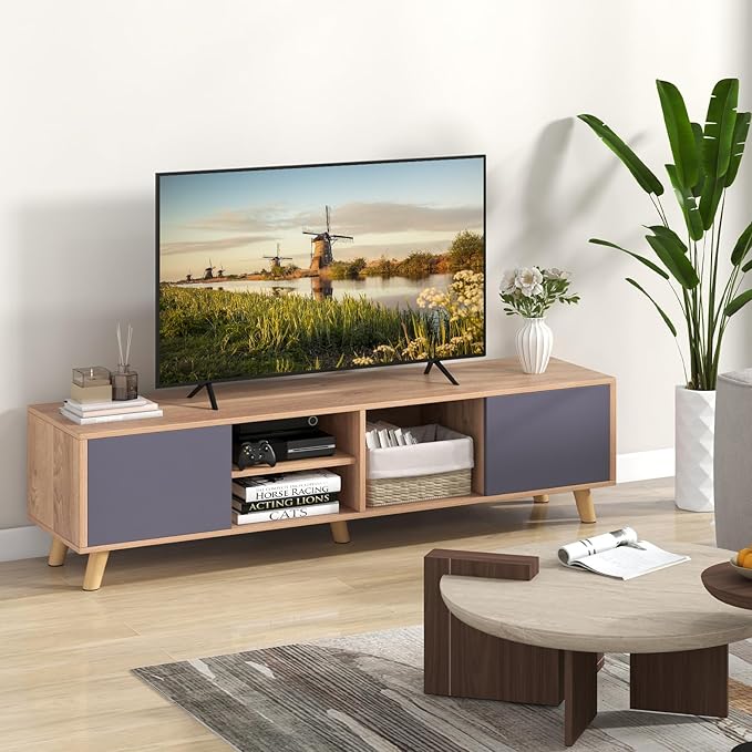 Tangkula TV Stand for TVs up to 65 Inch, Media Entertainment Center with 2 Doors, Open Shelves, TV Console Table with 3 Cable Management Holes, TV Cabinet for Living Room (Natural + Gray, for 65" TV)-NeatNest