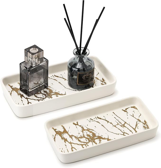 Bathroom Vanity Tray for Countertop,2PC Rectangle Marble Tray Set,Decorative Bathroom Organizer for Scrubber, Lotion Bottles, Perfume, Jewelry, Candle, Key Trinket Ring(Small,White)-NeatNest
