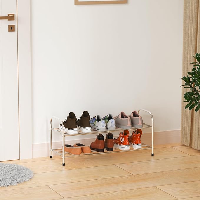 2 Tier Expandable Shoe Rack for Closet, Stainless Steel Shoe Shelf, Strong Weight Capacity Shoes Organizer, Easy to Install and Saving Space Standing Shelf with Sturdy Frame(2 Tier)-NeatNest