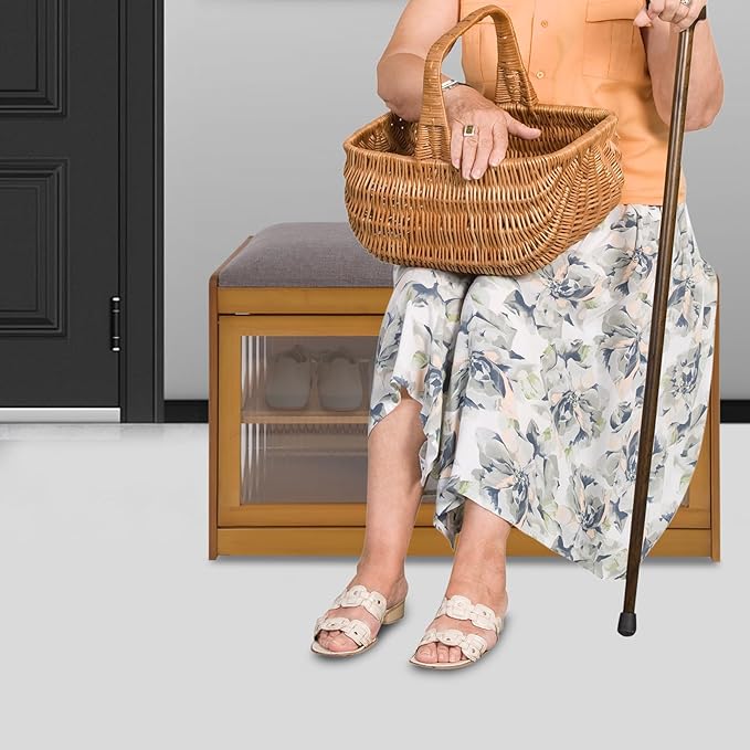 Eapmic Shoe Storage Bench, Entryway Shoe Rack Bench with Padded Seat Cushion, 2-Tier Shoe Cabinet, Bamboo Shoe Organizer for Hallway Bedroom Living Room Front Door (Brown, 27.56 * 12.6 * 16.53in)
