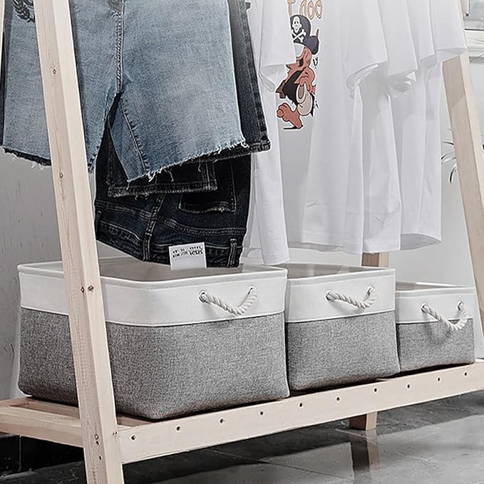 Fabric Storage Bins, 2 Pack Foldable Cube Baskets with Rope Handles, Large Collapsible Storage Cubes for Home, Office, Closet, Clothes, Books Organizer. (White and Gray, 2PCS/16*12.6*8.2inch)-NeatNest