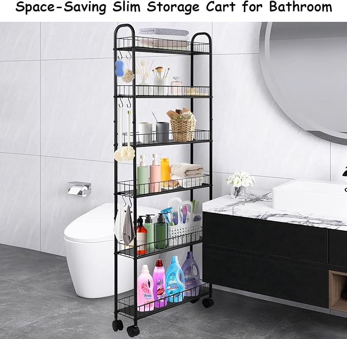 6 Tier Slim Storage Cart with Wheels Metal Rolling Organizer Utility Cart Narrow Mobile Shelving Unit Tiered Storage Shelf on Wheels for Kitchen Bathroom (Black, 6")
