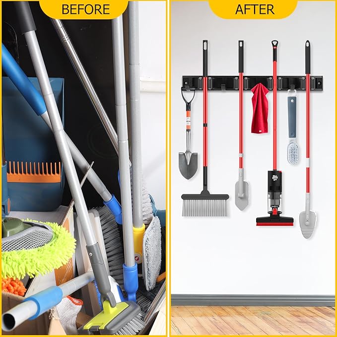 SLIIMU Movable 15'' Broom and Mop Holder Wall Mount with Sliding 3 Racks 4 Hooks, Storage Organizer Wall Hanger, Cleaning Tool Hanging Grippers for Kitchen Bathroom Garden Garage Laundry Home Closet-NeatNest