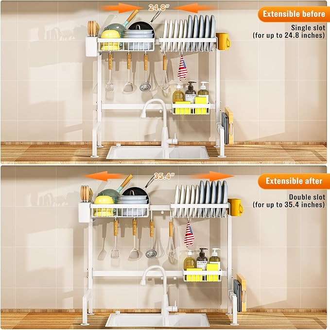 YKLSLH Over Sink Dish Rack - Extensible Large Drying Rack, Suitable for Most Sinks (24.8"-35.4"), Adjustable Metal Rack, Space Saving, White