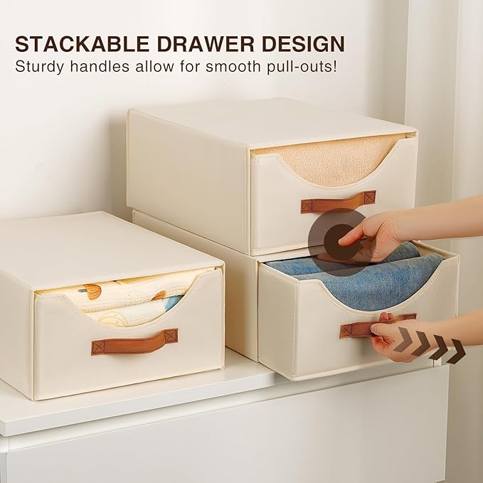 Closet Organizers and Storage - Large Storage Bins with Drawer, Fabric Clothes Organizers and Storage, Collapsible Storage Drawers Organizer for Bedroom, Living Room, 4 Pack, Beige-NeatNest