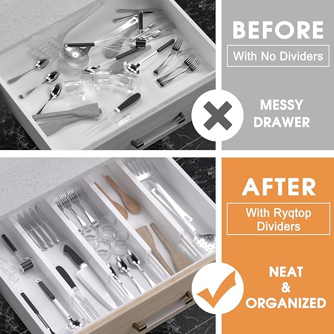 Bamboo Drawer Dividers Organizers, Kitchen Drawer Organizer, Adjustable Drawer Divider for Clothes, Kitchen, Dresser, Bedroom, Bathroom and Office, 4-Pack (White, 12-17 IN)-NeatNest