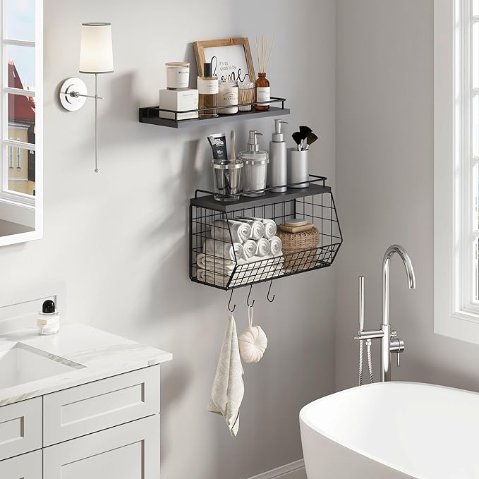 Bathroom Shelves Over Toilet Wall Mounted Floating Shelves with Wire Basket and Hooks Metal Shelf Organizer for Bathroom, Bedroom, Living Room, Kitchen, Home Storage-NeatNest