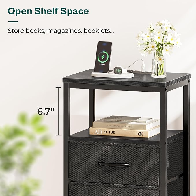 Huuger Night Stand with Charging Station, 4 Drawer Dresser for Bedroom, Bedside Table, 33.9 Inch Tall Nightstand with Open Shelf, End Table, for Closet, Entryway, Bedroom, Black 8055BC