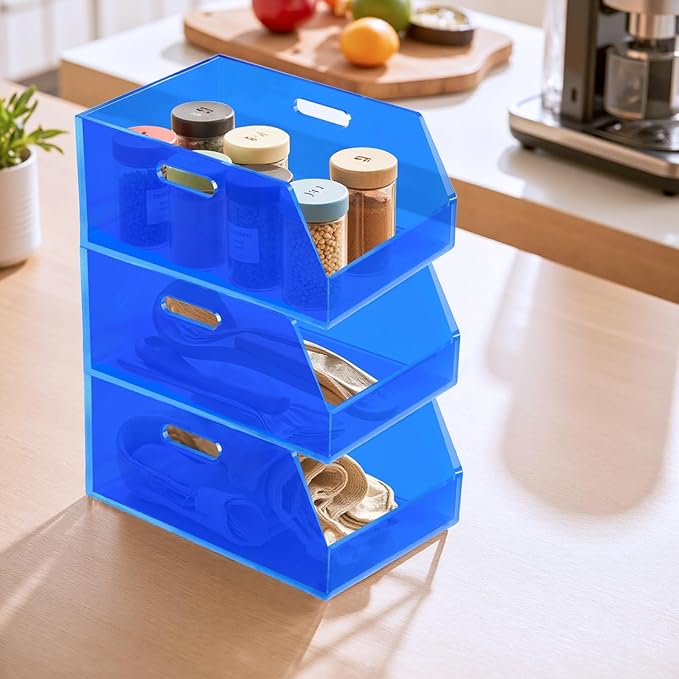 Gelite Stackable Large Storage Bin Organizer with Handles Acrylic Storage Container for Toy Pantry Kitchen Cabinet Bathroom Closet Office Organization, 15.4x11.4x6.7'', Navy Blue