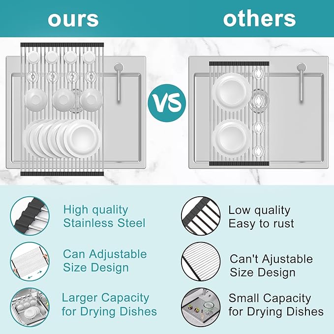 BBXTYLY Extra Expandable Roll Up Dish Drying Rack,Over The Sink Drying Rack Sink Cover Kitchen Sink Accessories Kitchen Rolling up Stainless Steel Drainer, Foldable,Rollable(Black,22.8''-12.4'')