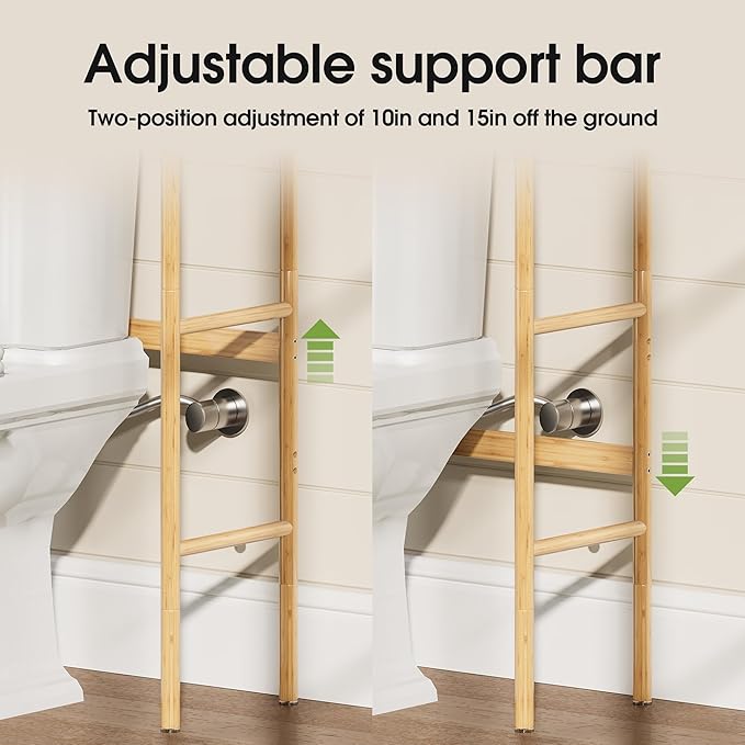 3 Tier Over The Toilet Organizer Rack Bamboo, Freestanding Bathroom Toilet Storage Shelf, Space Saving and Easy to Install, Adjustable Feet, Adjustable Bottom Rod