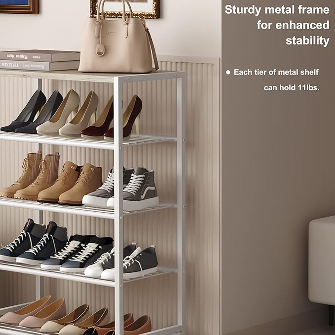 HOMEFORT 5-Tier Shoe Rack, Storage Shelf, Industrial Tower, Narrow Organizer for Closet Entryway, Small Table With Durable Metal Shelves, White Oak-NeatNest