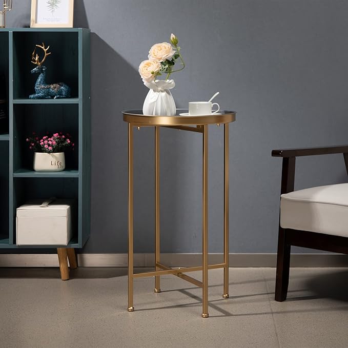HollyHOME Small Round Metal Waterproof End Table, Accent Indoor&Outdoor Coffee Side Table, Snack Sofa Table for Living Room, Anti-Rust Decorative Plant Stand, (D) 14.5" x (H) 25", Gold/Grey-NeatNest