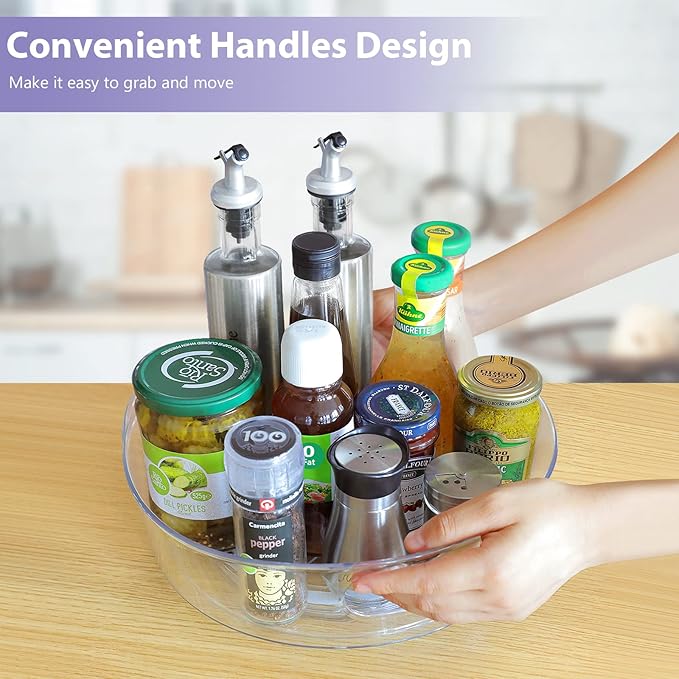 4 Pack Lazy Susan Organizer for Cabinet, Upgraded 11.5" Clear Turntable Organizer with Handles and Raised Edge, Rotating Lazy Susan Spice Storage for Kitchen, Pantry, Refrigerator, Bathroom, Table