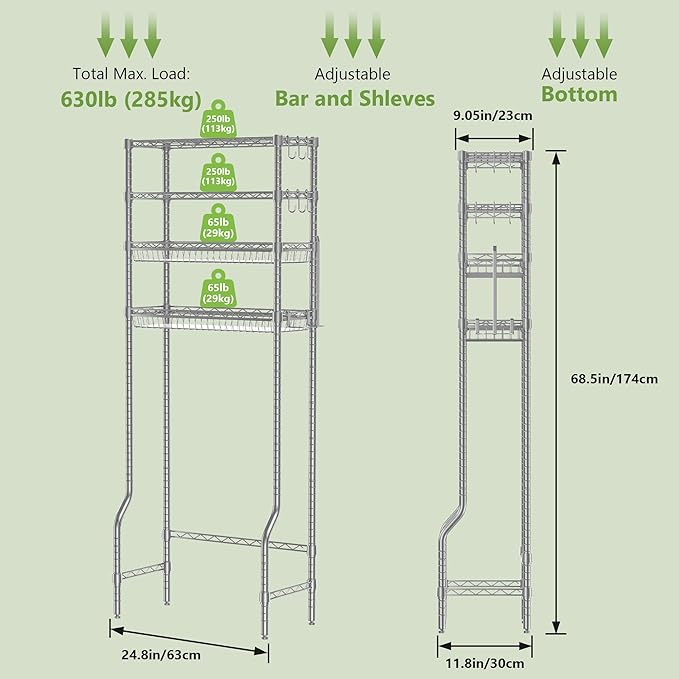 Bathroom Shelves Organizer, 4 Tier Over The Toilet Storage with Adjustable Basket and 6 Hooks, Metal Over Toilet Storage Rack for Bathroom, Fit Most Toilets, Easy to Assemble, Grey