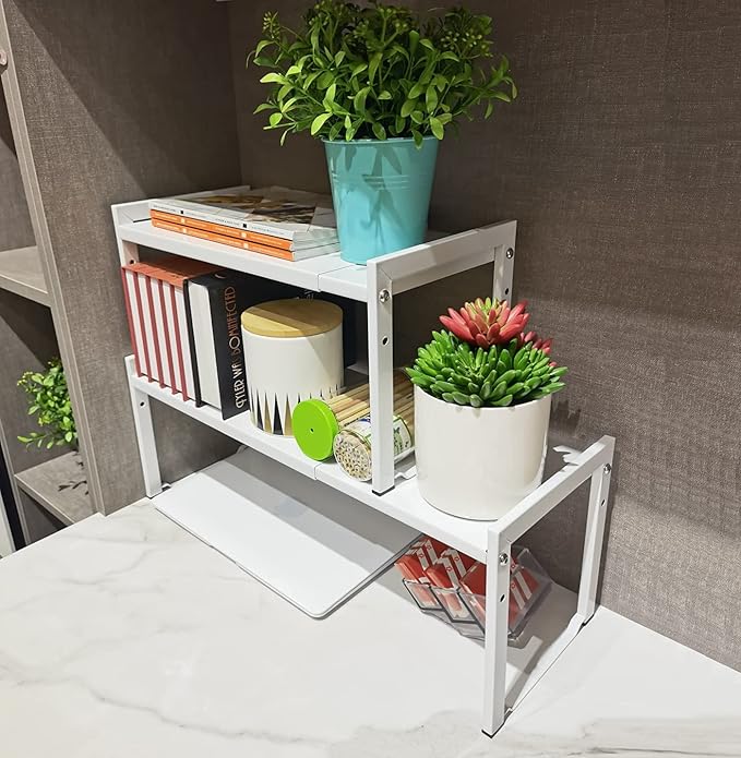 Expandable Cabinet Shelf Organizer 16-26" L Stackable Kitchen Counter Shelf Rack Stand Sink Riser Countertop Storage White (Normal 7.9”D)-NeatNest