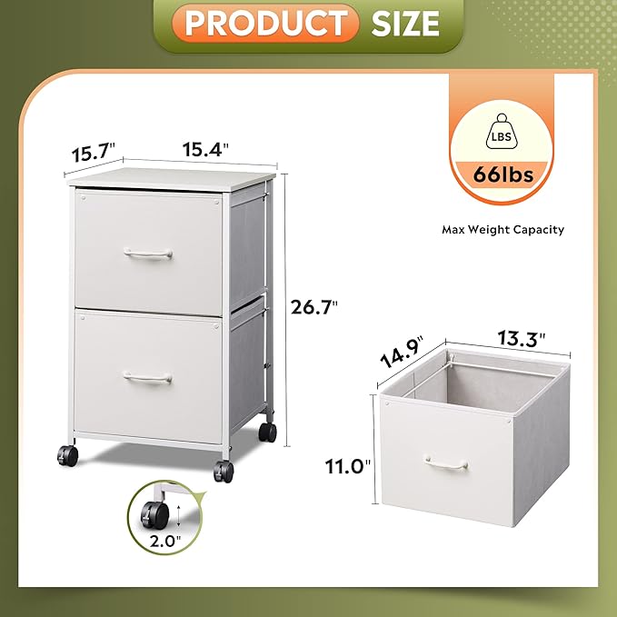 DEVAISE 2 Drawer Mobile File Cabinet, Rolling Printer Stand with Open Storage Shelf, Fabric Vertical Filing Cabinet fits A4 or Letter Size for Home Office, White-NeatNest