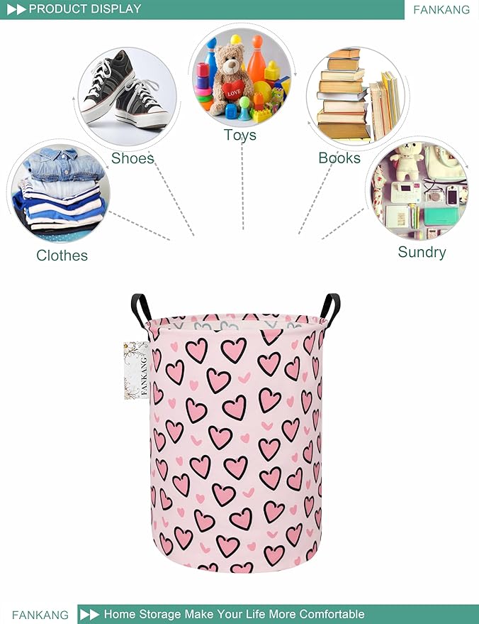 FANKANG Storage Basket, Nursery Hamper Canvas Laundry Basket Foldable with Waterproof PE Coating Large Storage Baskets for Kids Boys and Girls, Office, Bedroom, Clothes,Toys(Pink Love)