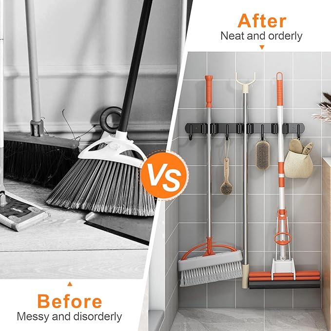 2 Pack Mop and Broom Holder Wall Mount, Non-slip Broom Hanger Wall Mount, Heavy Duty Mop Broom Organizer for Kitchen Garden Garage Laundry Room Wall Decor Organization and Storage Black 5R4H-NeatNest