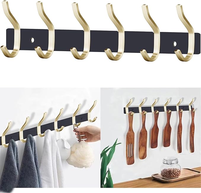 AZW Coat Rack Wall Mount,Heavy Duty Stainless Steel Metal Coat Hooks Hanging for Robes Bags Keys Hat Clothes and Bathroom Door Towels Hanger(Black and Gold 6 Hooks)-NeatNest