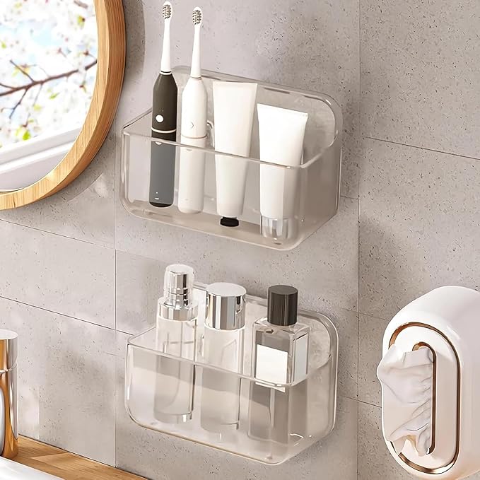 2pc Acrylic Wall Mount Organizer, Acrylic Adhesive Organizer, Clear Shelf, Bathroom Shelves for Wall,No Drilling Hang Walls,with Self Adhesive Tape, for Bathroom, Kitchen, Living Room-NeatNest