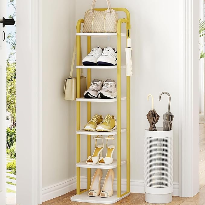 6 Tiers Vertical Shoe Rack, Narrow Shoe Tower, Tall Shoes Shelf with 2 Hooks, Adjustable Shelves, Corner Shoes Shelves for Small Spaces, Entryway, Living Room, White Gold SR04213A-NeatNest