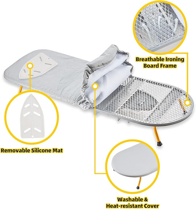 Foldable Ironing Board, 13"x35" Folding Tabletop Small Ironing Board with Iron Holder and Wall Mount Space-Saving, Grey