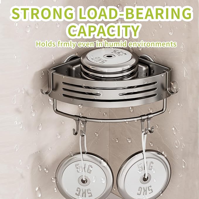 Shower Caddy Suction Cup, No Drilling Rustproof Bathroom Shower Shelf,Hanging Corner Shower Shelves with 6 Portable Hooks, Removable Bath Organizer with Towel Bar for Bathroom Storage(Gray)