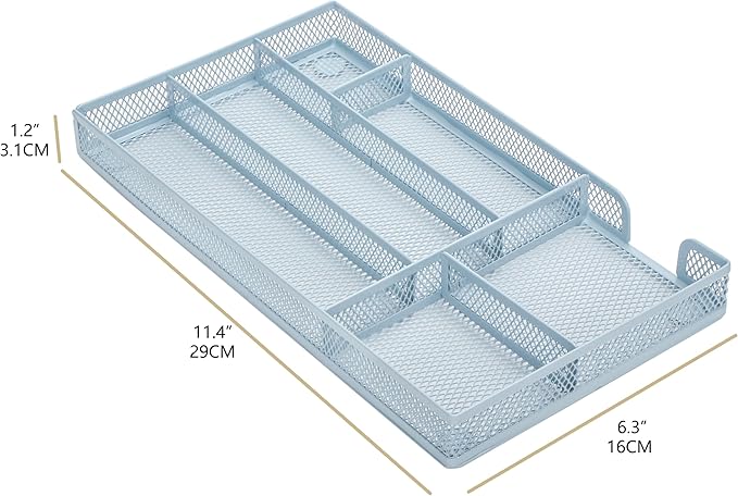 Annova Desk Drawer Organizer/Storage Tray - Metal Mesh with Dividers for Pens, Desktop Accessories, Bathroom, Kitchen, Makeup and Office Supplies (Small, Morandi Blue)-NeatNest