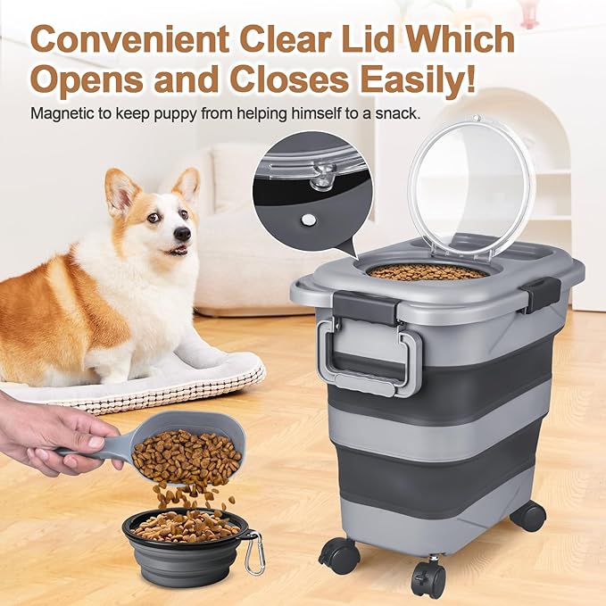 Dog Food Storage Container, 2 Pack 20 lbs Airtight Collapsible Cat Food Storage Container with Attachable Wheels, Portable Handle, Dog Food Scoop for Dog Cat Bird Pet Dry Food Storage Bin Medium-NeatNest