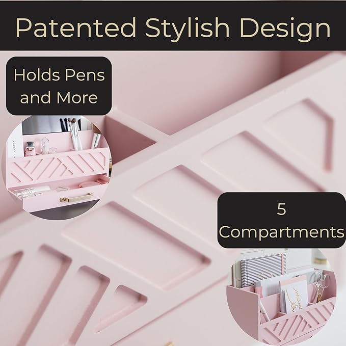 BLU MONACO Pink Wooden Desk Organizer with Storage Drawer and Gold Handle – Cute Office Supplies Holder – Mail Storage for Desktop at Home, Office, or Workspace-NeatNest