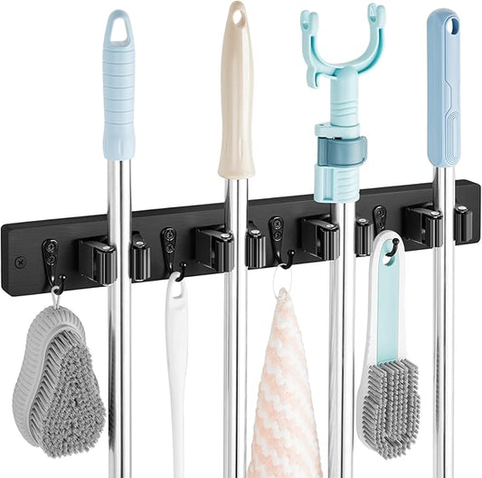 Black Mop Broom Holder Wall Mount with 4 Slots & 4 Hooks - Rustic Wood Broom Mop Hanger for Pantry Closet Laundry Room Organization - Heavy Duty Garden Tool Organizer - Black Kitchen Decor-NeatNest