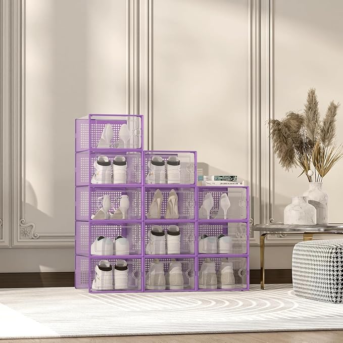 Kuject X-Large Shoe Storage Boxes Organizers Clear Plastic Stackable 12 Pack, Shoe Rack & Holder Substitute, Sneaker Containers, Toy Storage Organizer Bins for Entryway, Closet, Under Bed, Purple-NeatNest