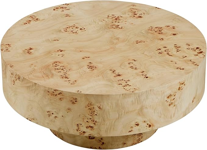 Coffee Table, 31.49'' Round Coffee Table with Burl Wood Veneer for Living Room, Handcrafted Relief Carving, Easy Assembly, Natural-NeatNest